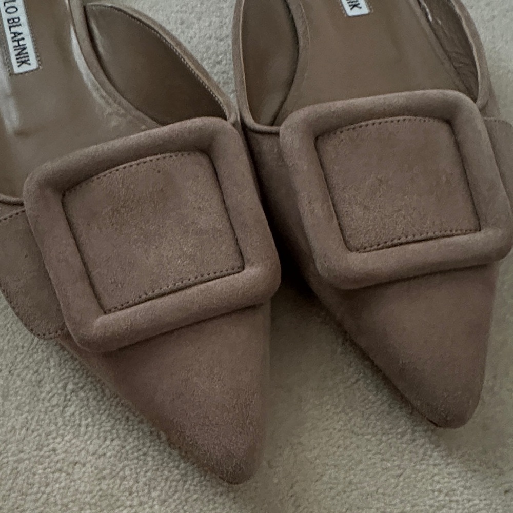 Manolo Blahnik Taupe Suede Pointed Mule with Buckle - Picture 2 of 5